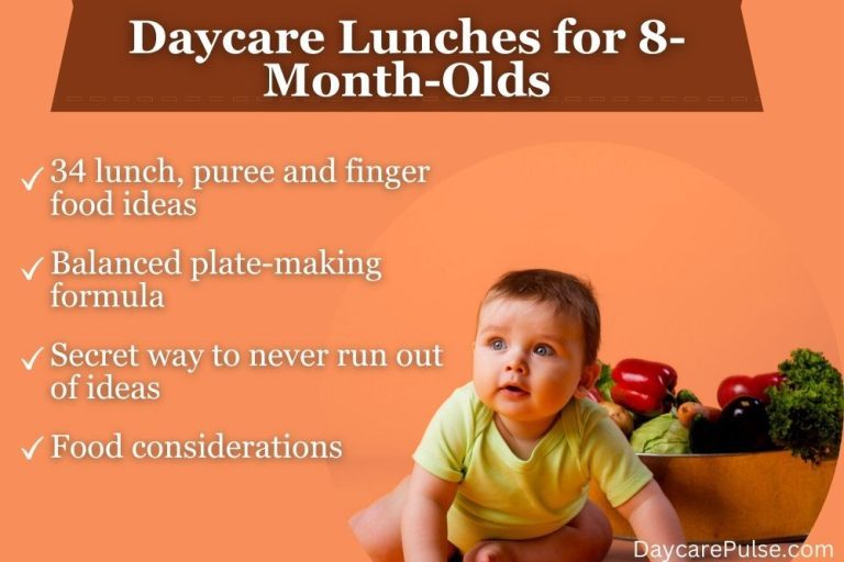 Balanced plate making formula, 34 lunch, puree and finger food ideas for 8-month olds. Secret of 6 words that will never let you run out of daycare lunch ideas.