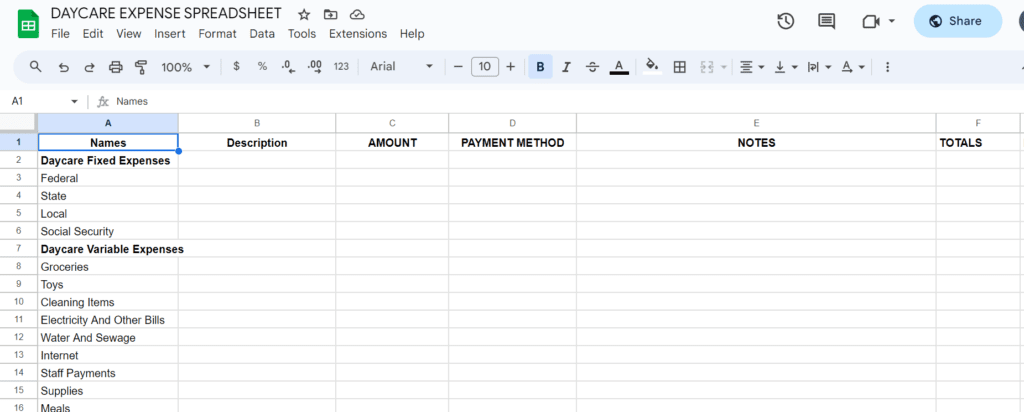 Daycare Expense Sheet Templatee