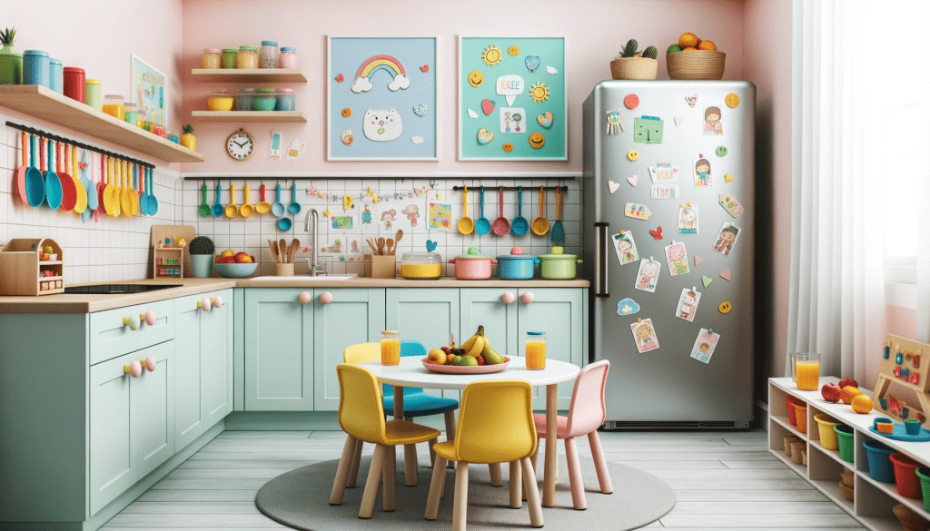 bright and cheerful daycare kitchen with pastel colored walls counters are lined with child friendly utensils bowls and plates 1