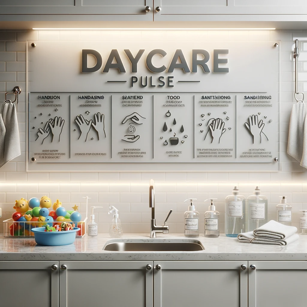 daycare kitchen emphasizing hygiene and cleanliness. The countertop is spotless with sanitized toys on one side