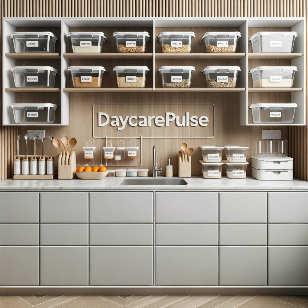 daycare kitchen with streamlined cabinets and neatly arranged drawers and labeled containers