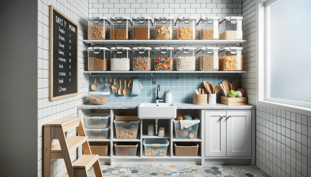 modern daycare kitchen shelves holding clear containers filled with cereals